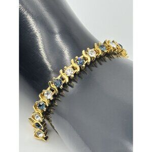 Vintage Gold Tone Metal and Faux Sapphire Faux Diamond Tennis Style Bracelet 80s